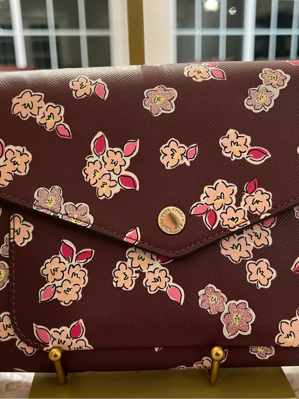 Kate Spade Floral Crossbody Wallet On Chain Burgundy Pink Boutique Luxury - Picture 3 of 12